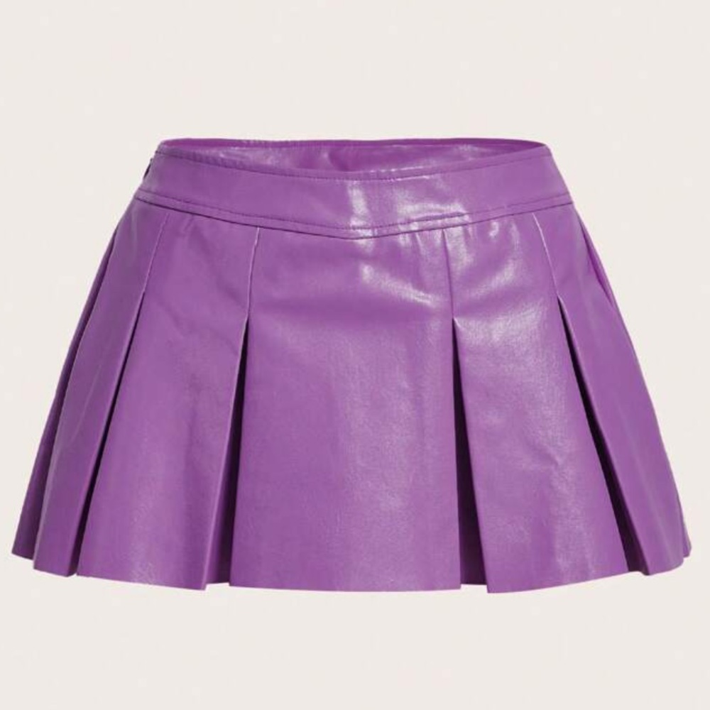 Solid faux leather pleated purple skirt with attached shorts and side zipper
